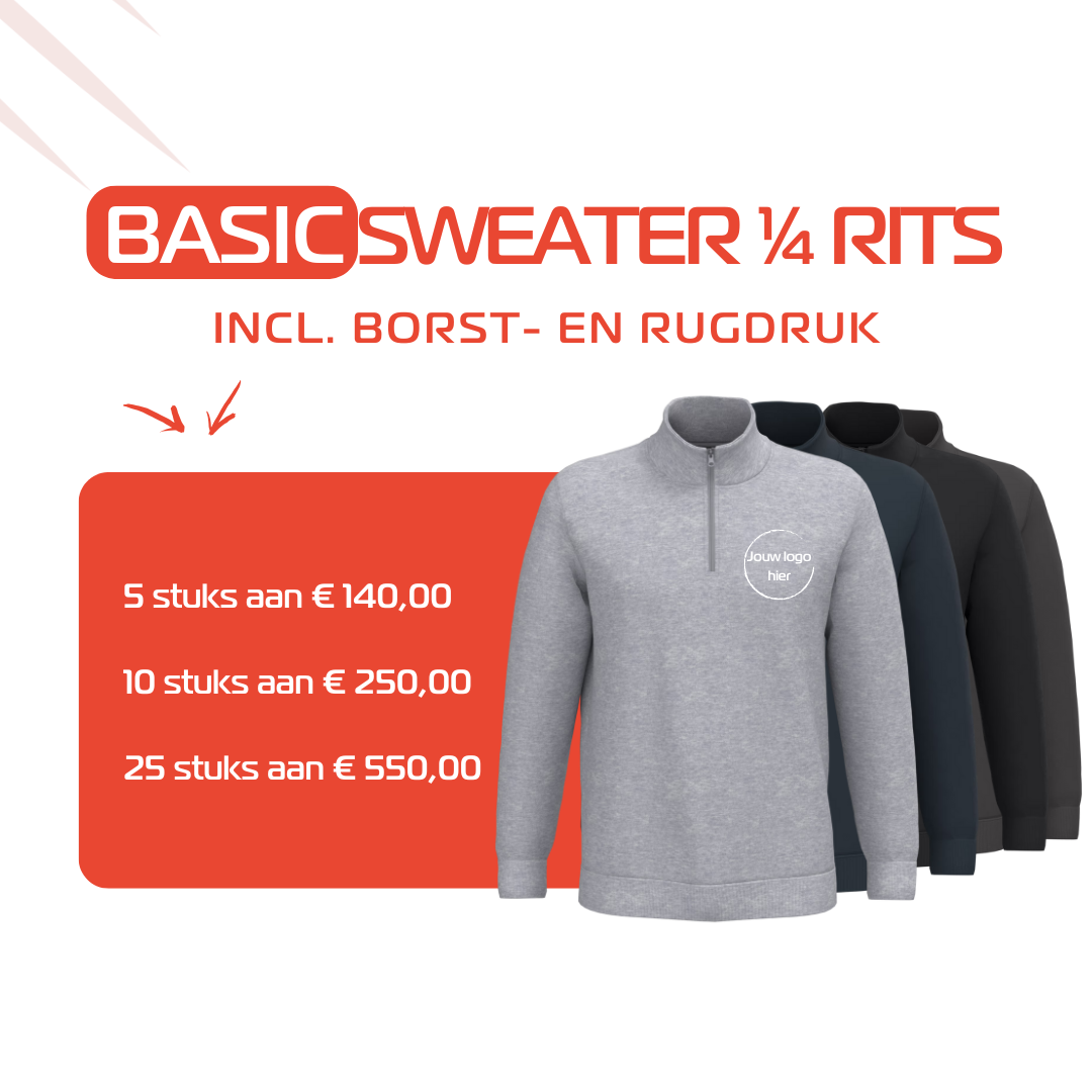 Basic sweaters met borst- en rugdruk, perfect voor logo op kleding. Ontdek bedrijfskledij in Houthalen. Ideaal voor textielbedrukking in Limburg.