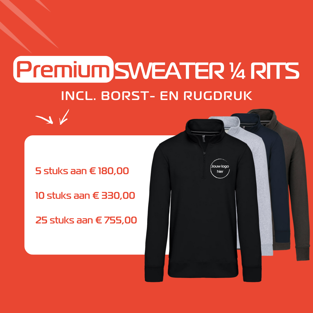 Premium sweaters met borst- en rugdruk, geschikt voor logo op kleding. Perfect voor bedrijfskledij Houthalen en textielbedrukking Limburg.
