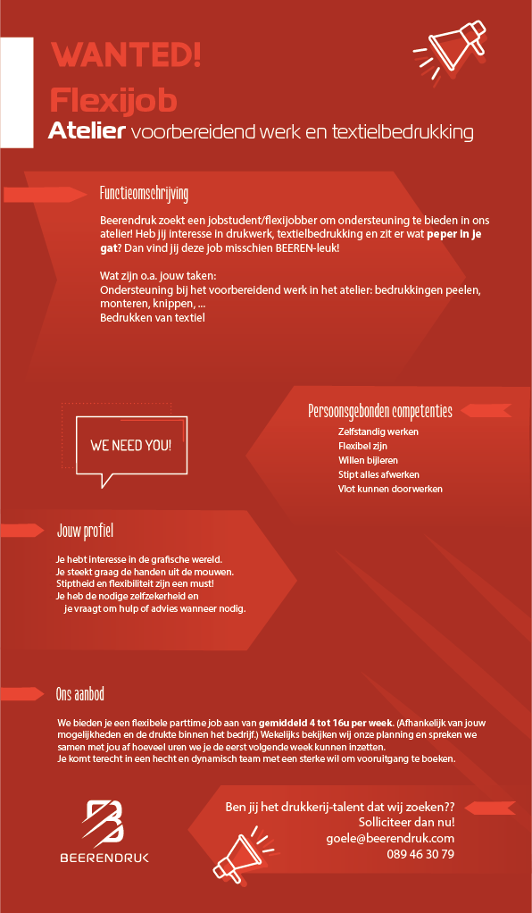 Vacature Flexijob Atelier: Beerendruk zoekt enthousiaste medewerker voor textielbedrukking en voorbereidend werk. Solliciteer nu voor deze leuke job!