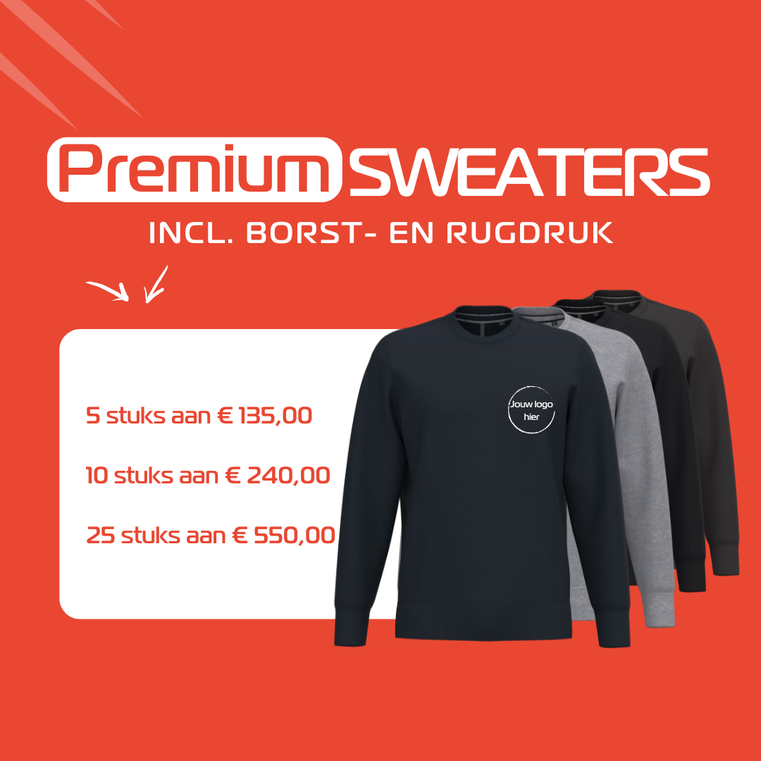 Premium sweaters met borst- en rugdruk, perfect voor logo op kleding. Ideaal voor bedrijfskledij Houthalen. Verschillende prijsklassen beschikbaar.