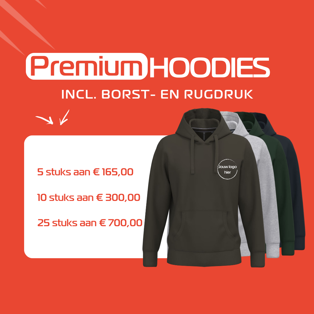 Premium hoodies met jouw logo, ideaal voor bedrijfskledij in Houthalen. Inclusief borst- en rugdruk. Perfect voor textielbedrukking in Limburg.