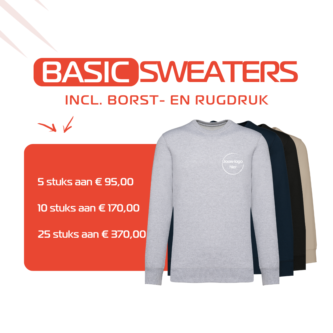 Basic sweaters met borst- en rugdruk, perfect voor bedrijfskledij Houthalen. Logo op kleding om textielbedrukking Limburg stijlvol toe te passen.
