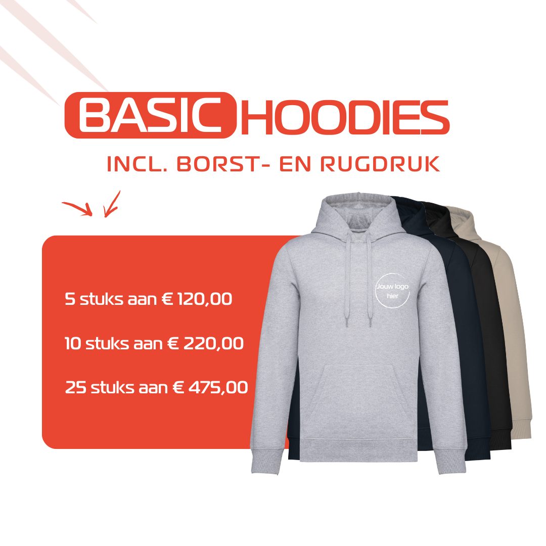 Promotie van basic hoodies met borst- en rugdruk, inclusief opties voor textielbedrukking in Limburg en bedrijfslogo op kleding in Houthalen.