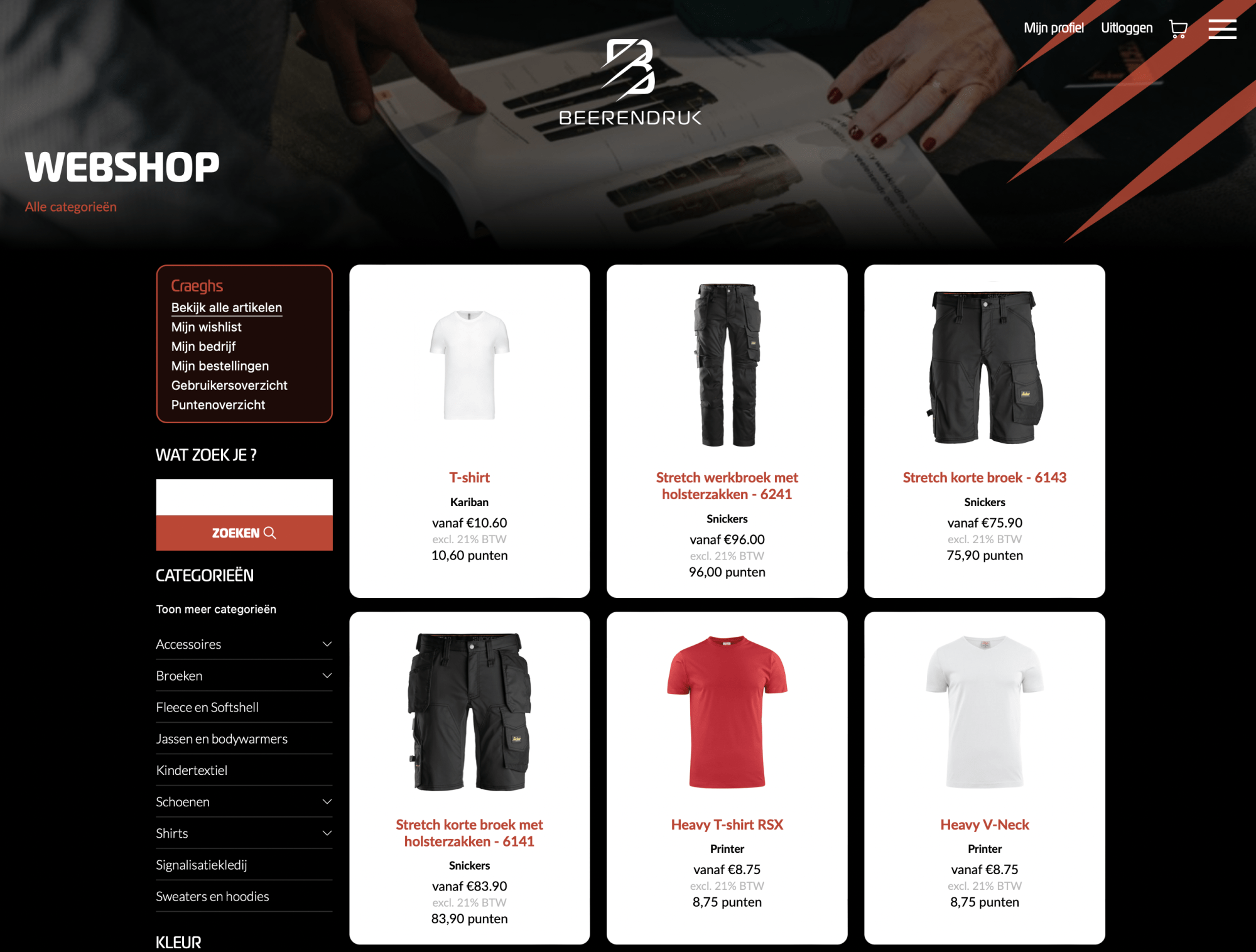 Webshop overzicht met kledingopties voor B2B klanten. Ontdek onze nieuwe webshop met T-shirts en werkbroeken voor diverse zakelijke behoeften.