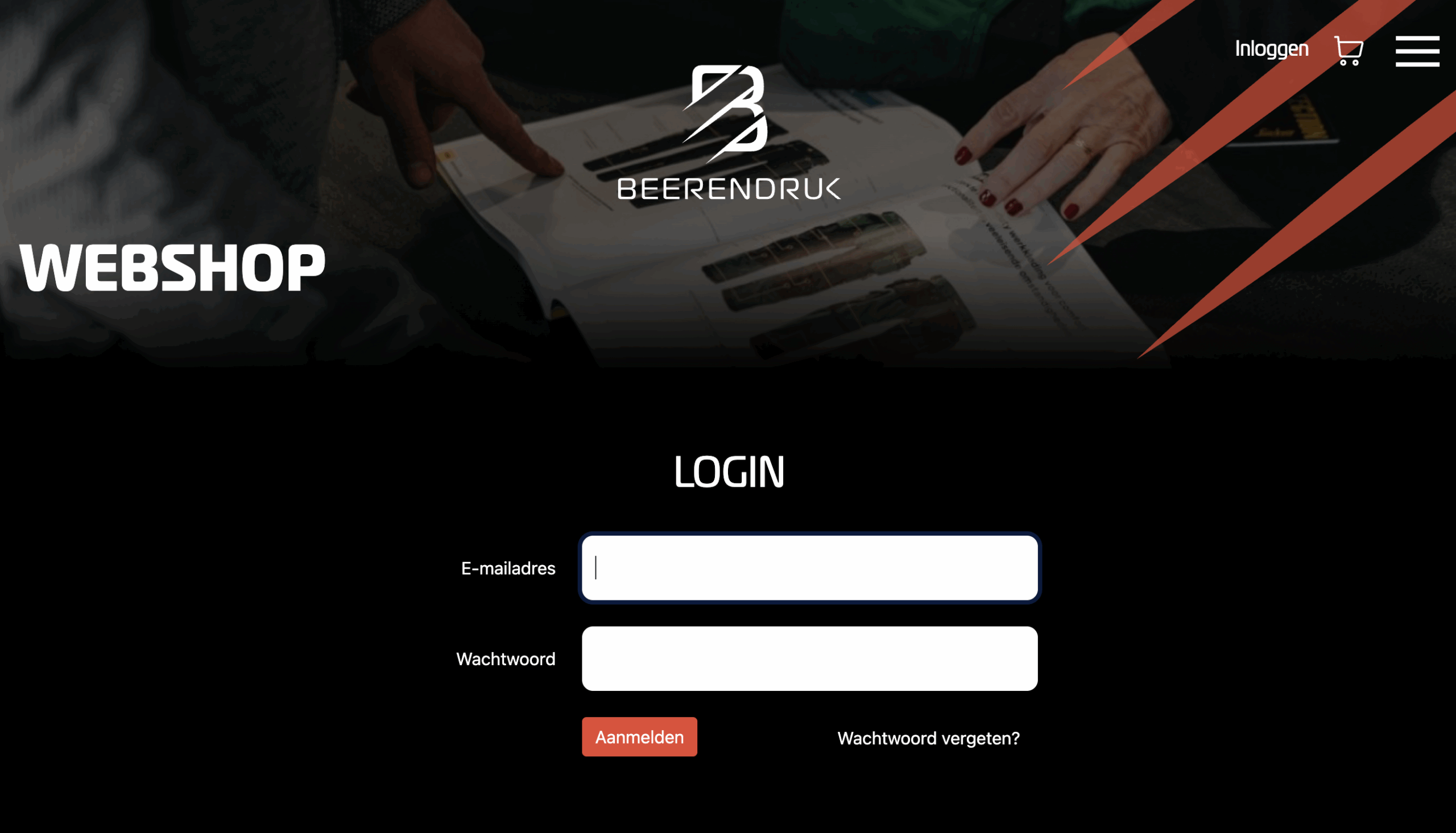 B2B webshop loginpagina van Beerendruk met invoervelden voor e-mailadres en wachtwoord. Ontdek onze nieuwe webshop voor B2B klanten!
