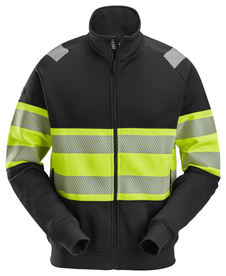 Zwarte signalisatiejas met reflecterende gele strepen, ideaal om op te vallen en veiligheid te garanderen. Val op met onze signalisatiekleding!